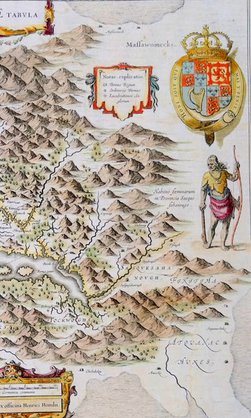 1639 Henricus Hondius & John Smith Antique Map of Virginia, America - Pocahontas