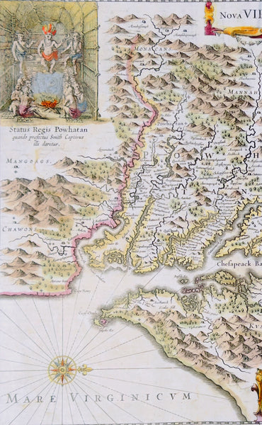 1639 Henricus Hondius & John Smith Antique Map of Virginia, America - Pocahontas