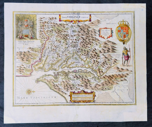 1639 Henricus Hondius & John Smith Antique Map of Virginia, America - Pocahontas