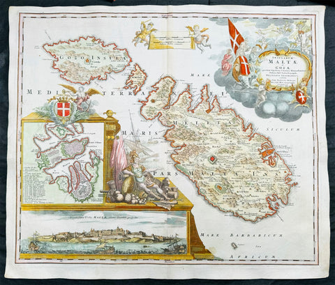1720 Homann Large Antique Map of The Islands of Malta - Gozo, Comino, Valletta