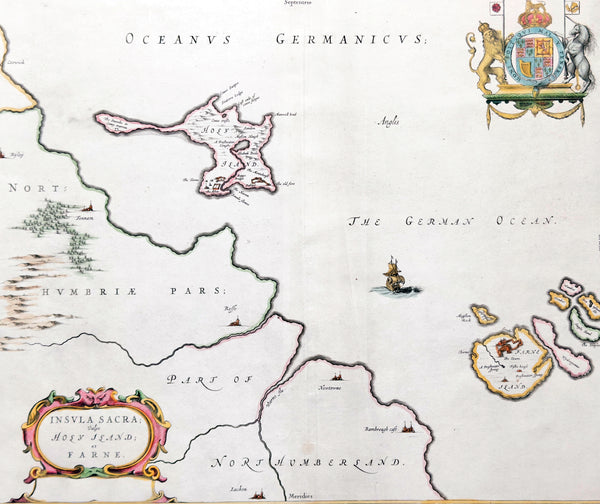 1645 Blaeu Old Antique Map Lindisfarne Holy Islands England - Lindisfarne