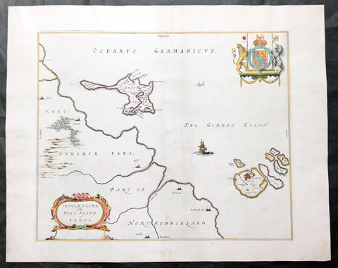 1645 Blaeu Old Antique Map Lindisfarne Holy Islands England - Lindisfarne