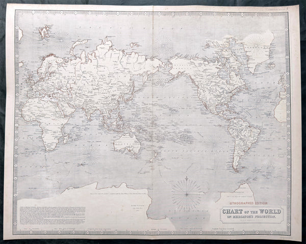1844 Johnston Large Antique World Map Nation of Texas, Wilkes & Ross Antarctica