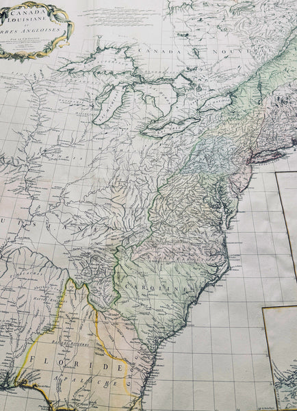 1755 D 'Anville Large Antique Map of North America, Great Lakes, 13 Colonies