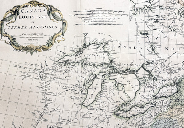 1755 D 'Anville Large Antique Map of North America, Great Lakes, 13 Colonies