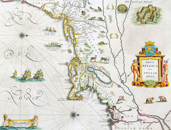 1641 Joan Blaeu Antique Landmark Map New England & New Netherlands