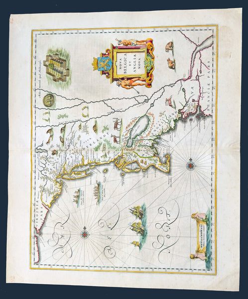 1641 Joan Blaeu Antique Landmark Map New England & New Netherlands