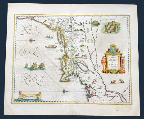 1641 Joan Blaeu Antique Landmark Map New England & New Netherlands