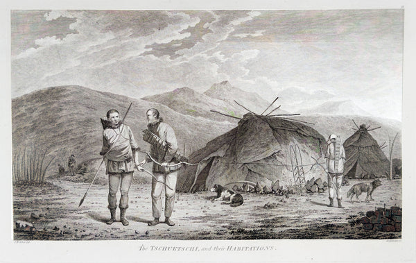 1784 James Cook & John Webber Antique 1st Edition Print Village in Chukotski Peninsula, Siberia , 1778