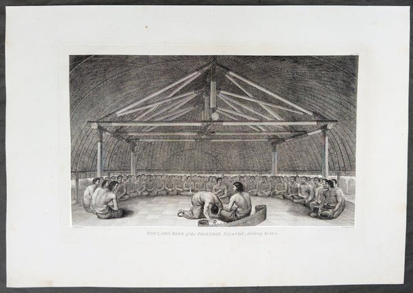 1784 James Cook & John Webber Antique 1st Edition Print Poulaho Drinking Kava Tonga, 1777