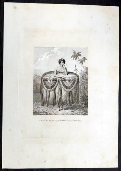 1784 James Cook & John Webber Antique 1st Edition Print Young Woman in Vaitepeha Bay Tahiti, 1777