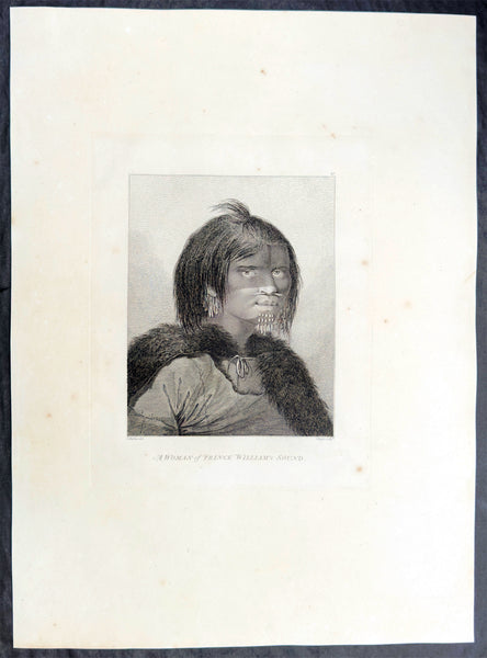 1784 James Cook & John Webber Antique 1st Edition Print Man & Woman of Prince William Sound, Alaska, 1778