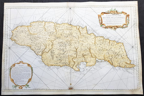 1758 J N Bellin Large Antique Map of The Caribbean Island of Jamaica