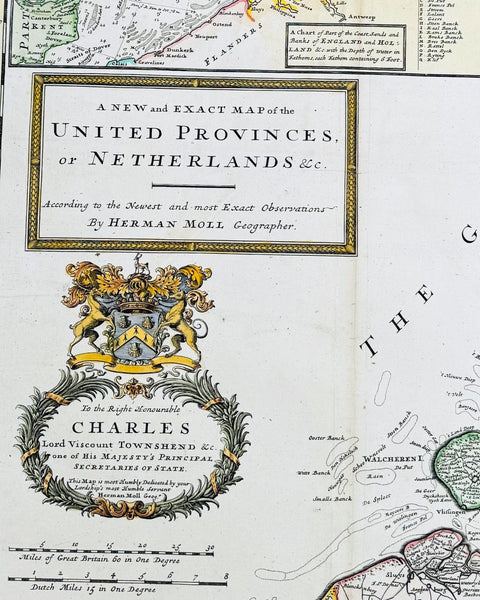 1720 Herman Moll Large Antique Map of The Netherlands - 7 x Town Plans Amsterdam