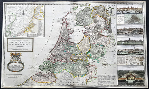 1720 Herman Moll Large Antique Map of The Netherlands - 7 x Town Plans Amsterdam