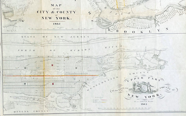 1861 D T Valentine Antique Map of New York City in two parts