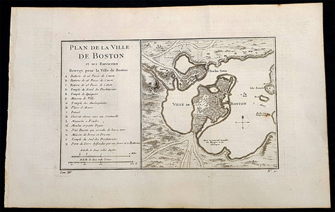 1756 Nicolas Bellin Antique Map of the City of Boston & Charlestown, Harbor