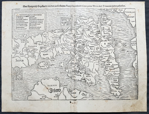 1560 Sebastian Munster Antique Map England Wales Scotland Ireland