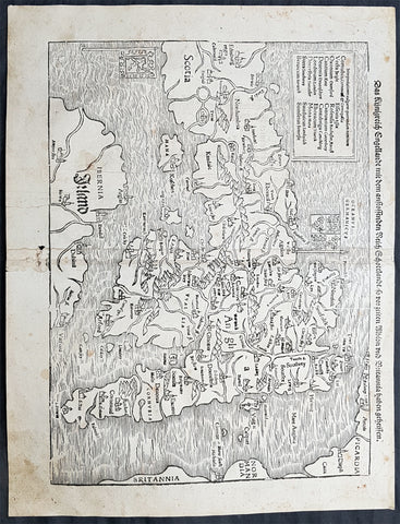 1560 Sebastian Munster Antique Map England Wales Scotland Ireland