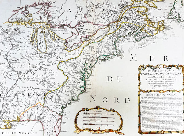 1756 J B Nolin Large Rare Antique Map of North America, Great Lakes, French Indian War (1754-63)