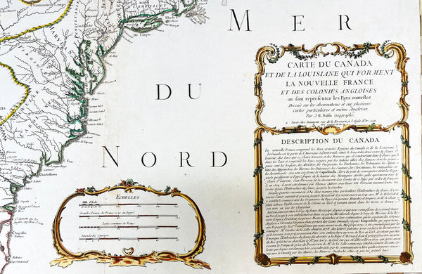 1756 J B Nolin Large Rare Antique Map of North America, Great Lakes, French Indian War (1754-63)