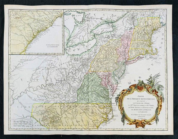 1755 (1768) Robert De Vaugondy Large Antique 2nd edition Map of Colonial United States
