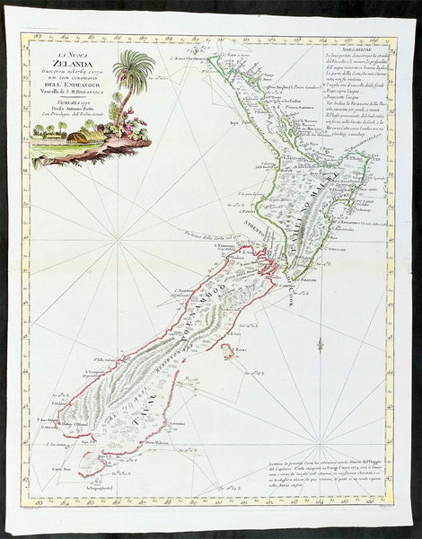 1778 Antonio Zatta Antique Map of New Zealand af. Captain James Cook - Beautiful