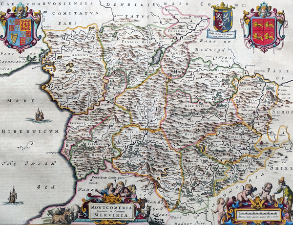 1664 Joan Blaeu Large Antqiue Map The Welsh County of Montgomery