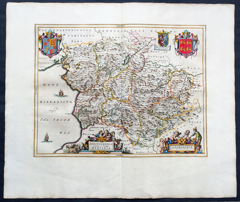 1664 Joan Blaeu Large Antqiue Map The Welsh County of Montgomery