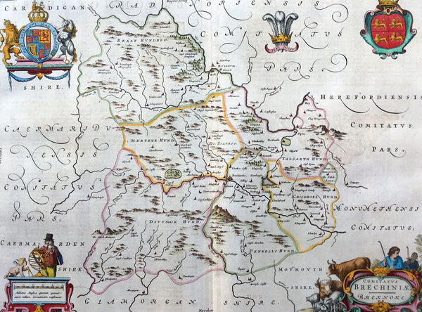 1664 Blaeu Large Antique Map of The Welsh County of Breknock