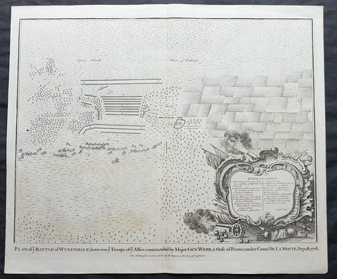 1745 N Tindal Original Antique Map Battle of Wijnendale Flanders Belgium in 1708