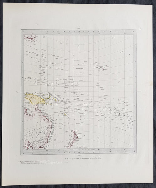 1840 SDUK Antique Gnomonic Map East Australia, New Zealand South Pacific