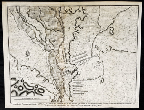 1745 Nicolas Tindal Antique Map Battle of Almenar Balaguer, Catalonia, Spain