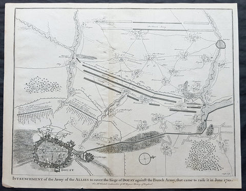 1745 N Tindal Original Antique Map Siege of Douai, Flanders, North France in 1710