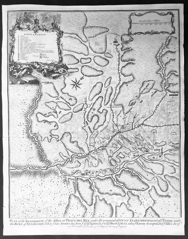 1745 Tindal Antique Map of Spanish & Austrian Armies in Catalonia Spain in 1711