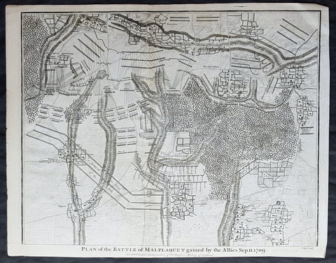 1745 Nicolas Tindal Original Antique Map Battle of Malplaquet, Northern France in 1709