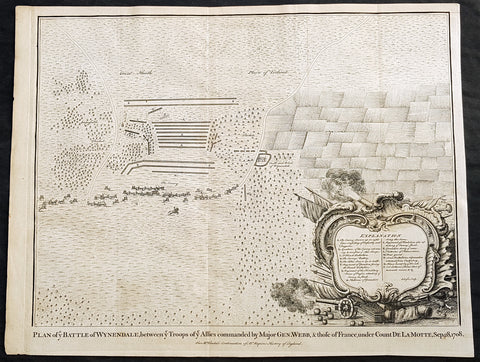 1745 Nicolas Tindal Original Antique Map Battle of Wijnendale Flanders Belgium in 1708