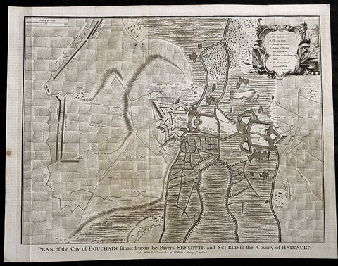 1745 Tindal Antique Map Battle Plan of Siege of Bouchain, Calais, France in 1711
