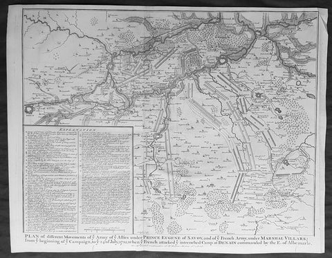 1745 Nicolas Tindal Original Antique Map Battle Plan of Denain, France in 1712