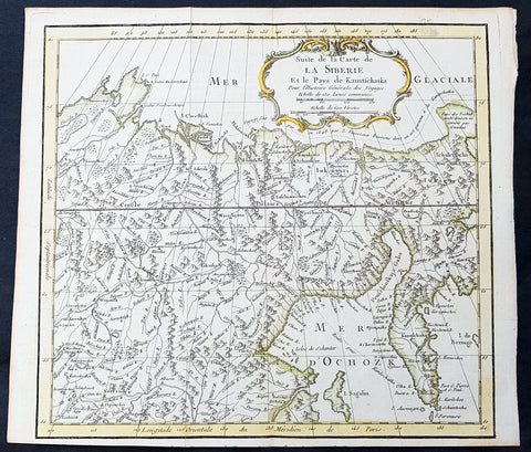1758 Bellin Old, Antique Map of Eastern Siberia and the Kamchatka Peninsula Russia