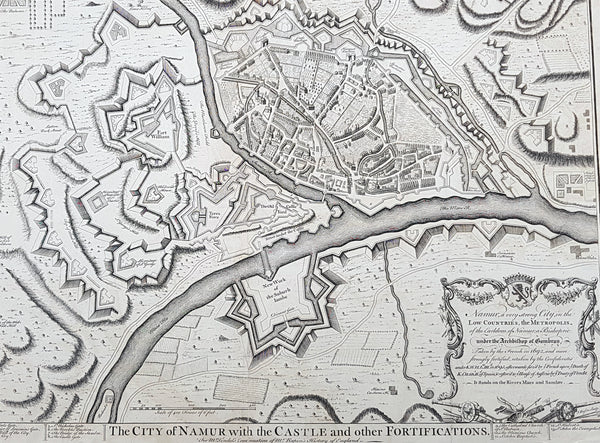 1745 Tindal Original Antique Map Birds Eye View City of Namur, Walloon, Belgium