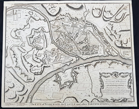 1745 Tindal Original Antique Map Birds Eye View City of Namur, Walloon, Belgium
