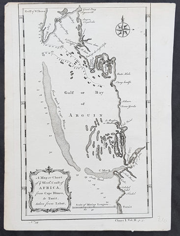 1745 Bradock Mean or John Green Antique Map of Bay of Arguin, Mauritania, Africa
