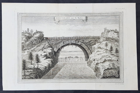 1750 Prevost, after Kircher, Antique Print Bridge over Yellow River, Xensi China