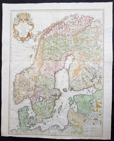 1788 Delisle & Bauche Large Original Antique Map of Scandinavia, Estonia, Latvia