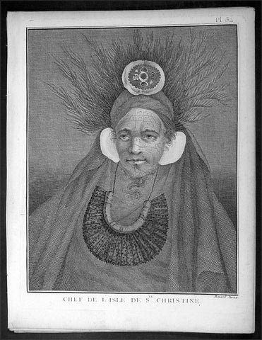 1778 Capt. Cook Antique Print Portrait Chief of Tahuata, Marquesas Isles in 1774