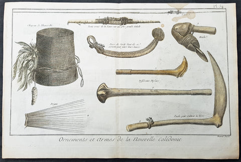 1778 Capt. Cook Antique Print Weapons Tools Hats from New Caledonia - Cook 1774