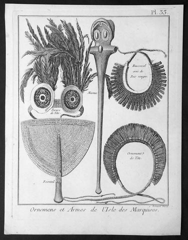 1778 Capt Cook Antique Print of Ornaments & Arms of the Marquesas Isles in 1774