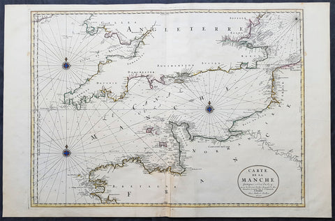 1692 Jaillot Large Antique Map Sea Chart The English Channel during 9 Years War