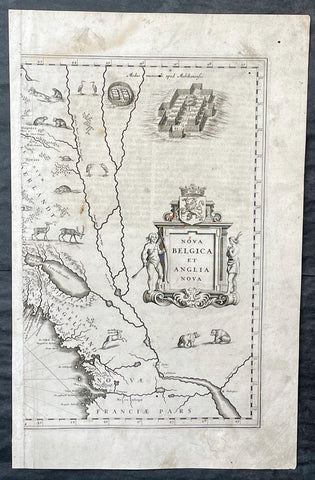 1635 Joan Blaeu Antique Half Page Map of New England, Nova Belgica et Anglia